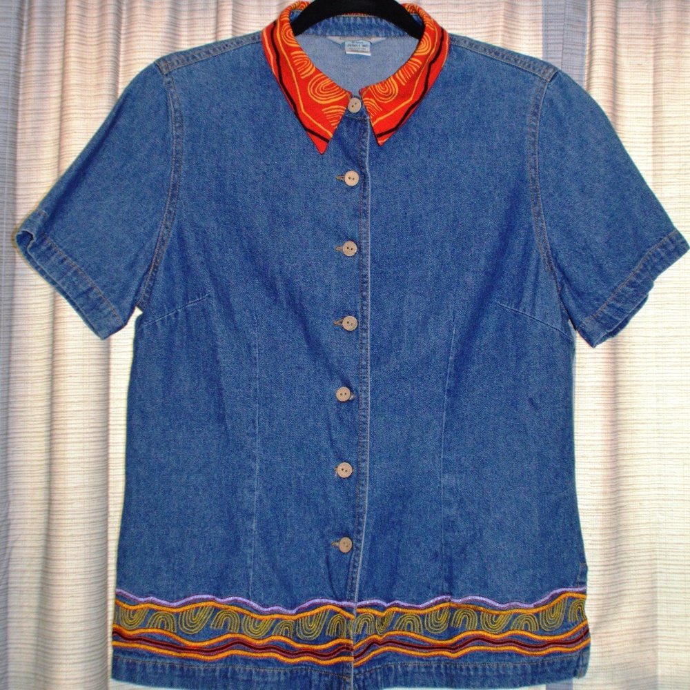 Vintage Short Sleeved Blue Jean Embroidered Shirt